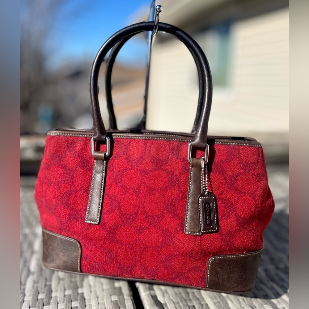 1991 Rare True Vintage Coach Signature Wool & Leather Tote Deep Red EUC!